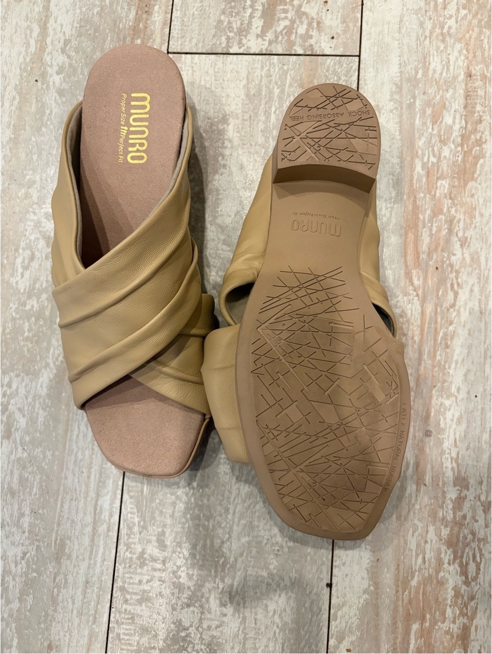 Munro Leather Criss Cross Slide Sandals Camel Tan Block Heel Women’s 7W USA - Picture 5 of 9